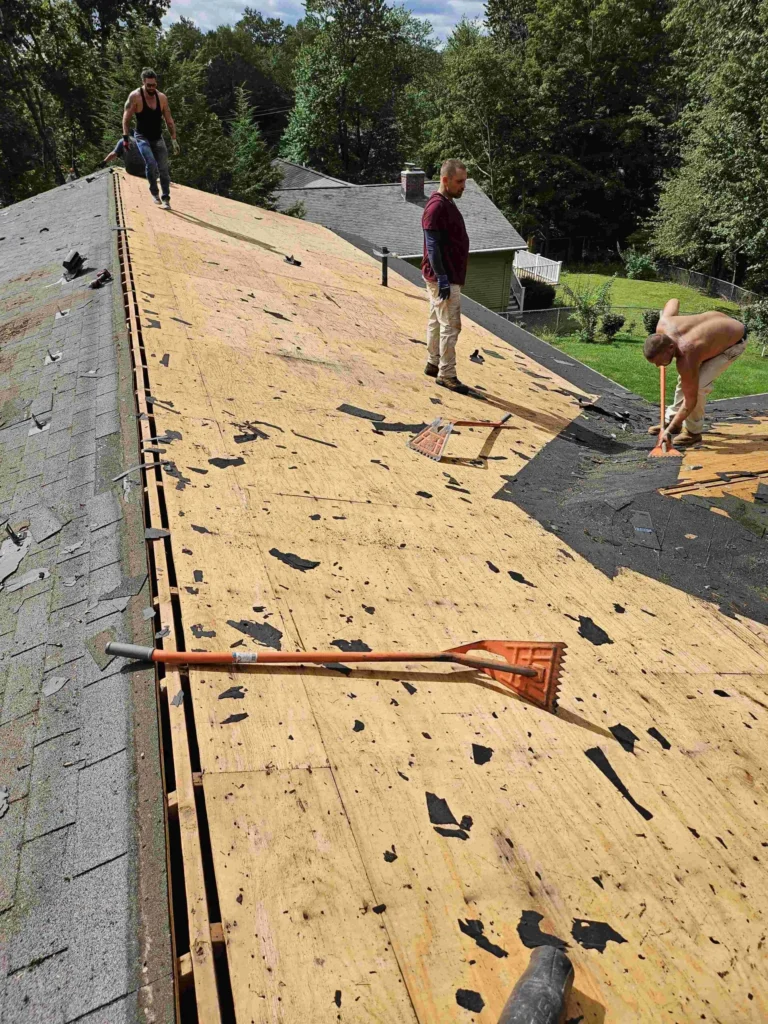 workers ripping roof